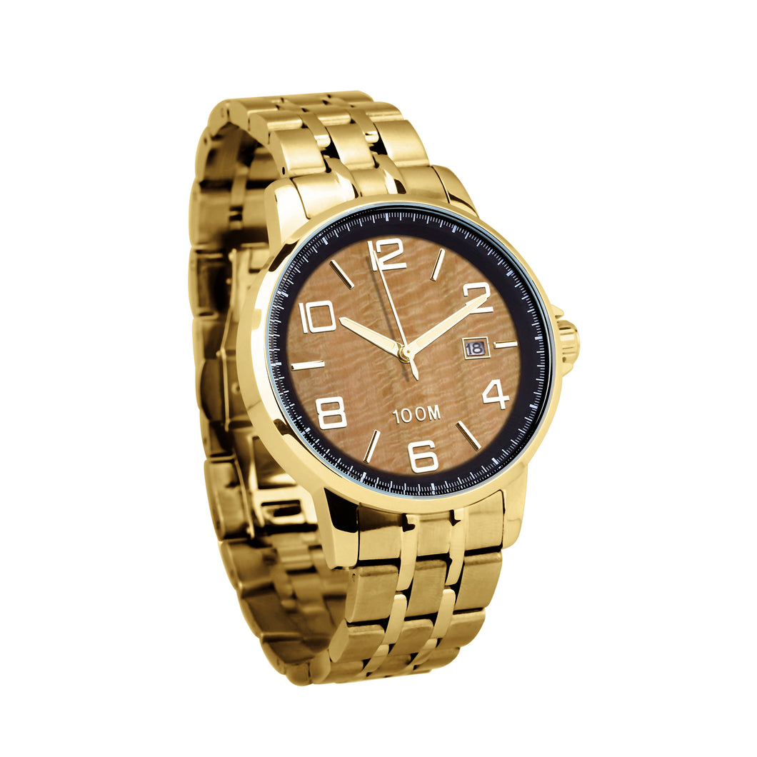 Gum Burl Watch Stainless Steel Band Yellow Gold - Men's